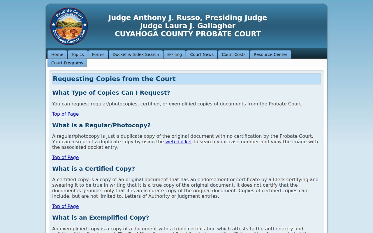Strongsville resident lookup Cuyahoga Probate Court copy options
